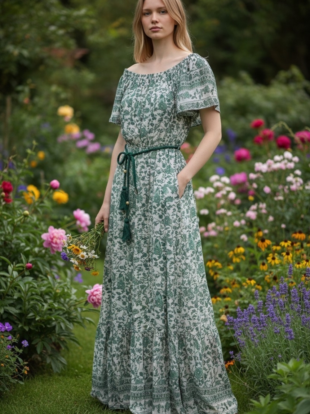 Green Floral Off-Shoulder Maxi Dress with Tassel Belt